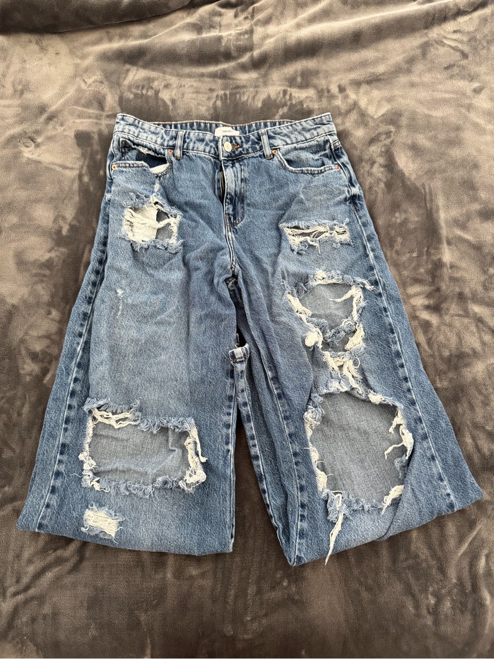 Forever 21 Distressed Light Blue Wide-Leg Jeans